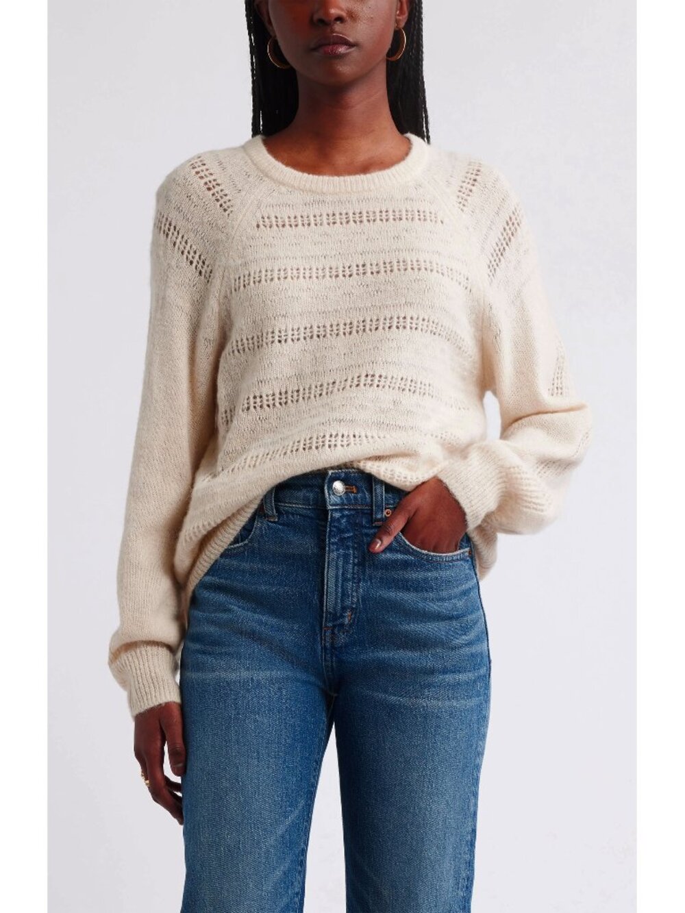 TREASURE & BOND POINTELLE RAGLAN SLEEVE WOOL/ALPACA BLEND IVORY DOVE SWEATER. M